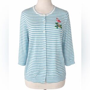 Talbots Striped Flamingo Cardigan Sweater women plus 14 16 blue white fitted top